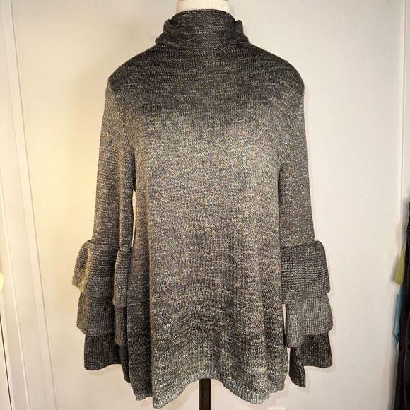 Knox Rose Colorful Marled Knit Ombré Ruffle Bell Sleeve Turtleneck Cozy Sweater - Picture 11 of 11